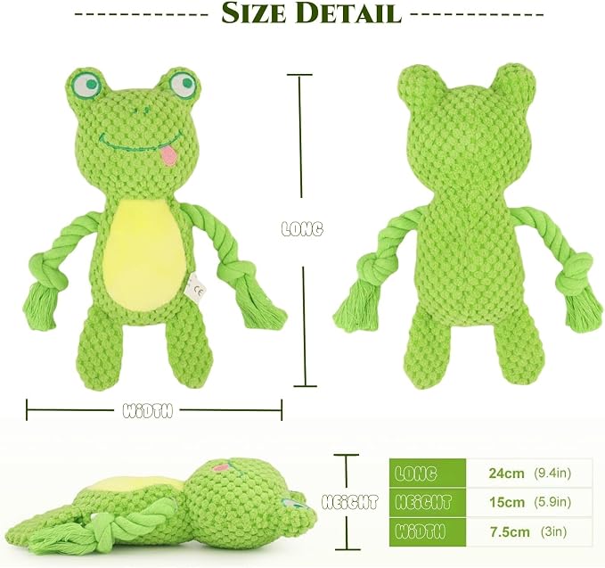 Cotton Rope Squeaky Dog Toy with Crinkle Paper – Interactive Plush Chew Toy for Small & Medium Puppies, Frog Design