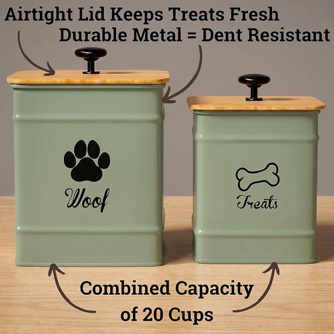 Dog Treat Container Set of 2 with Airtight Bamboo Lids - 8x6 & 7x5 inch | Fits All Popular Treats, Up to 20 Cups Combined Capacity, Airtight Bamboo Lid, Easy Open Lid, Dent-Resistant Durable Metal