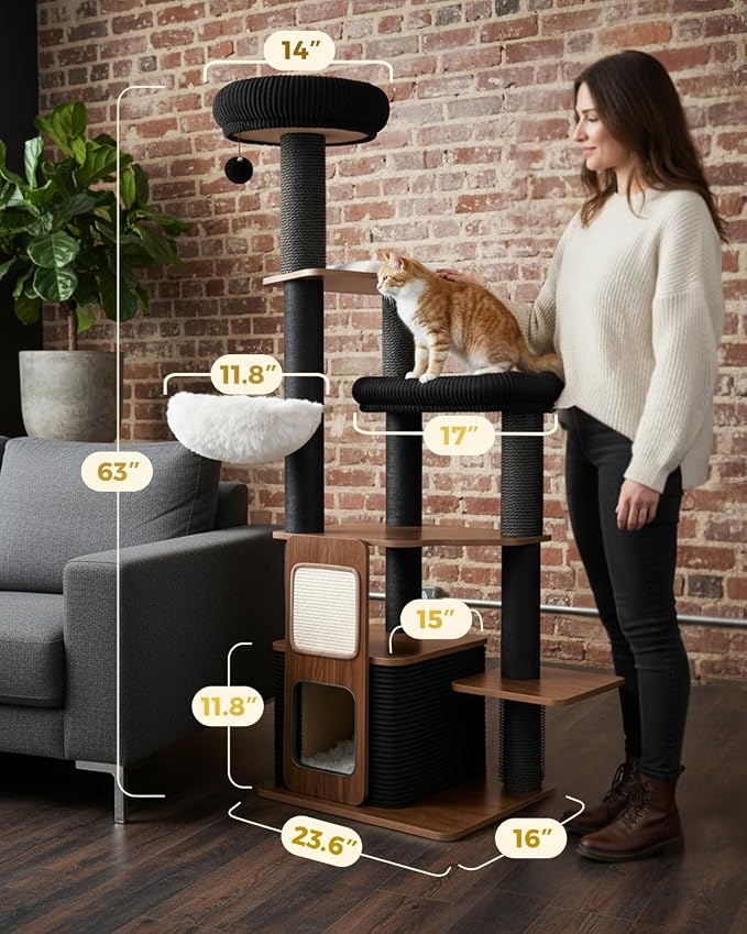 63" Wooden Cat Tree, Modern Cat Tower, Self-Grooming Brush, Walnut | Heavy Duty Cat Tree, Cats Furniture, for Large Cats up to 15 lbs, Climbing Post, Plush Top Perch, Stable Base, Cozy Cat Condo