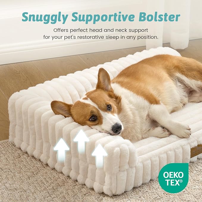 COZY KISS Faux Rabbit Fur Medium Dog Bed – 36"x27" Orthopedic Foam Couch with Sides, Removable Washable Cover & Waterproof Lining, Cream