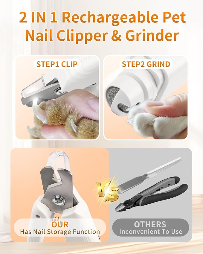2-in-1 Dog & Cat Nail Clippers & Grinder with LED Light to Avoid the Quick | Quiet USB Rechargeable Pet Nail Trimmer with Safety Guard for Small Medium Large Pets