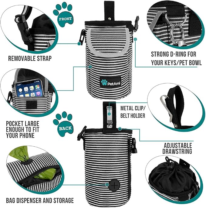PetAmi Dog Treat Pouch, Large Hands-Free Training Bag, Stripe Black | Built-In Poop Bag Dispenser, Holds 3 Cups Of Treats, 4 Ways to Wear, D-Ring, Reflective Strap, Dog Treat Bag for Walking