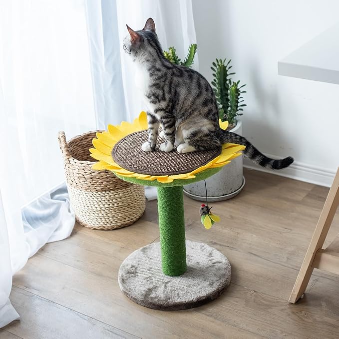 Catry Sunflower 2-in-1 Cat Scratching Post with Convertible Bed & Bee Toy | Aesthetic Sunflower Cat Scratcher with Replaceable sisal Post and Adjustable Flower Pad Ideal for Small to Medium Cats