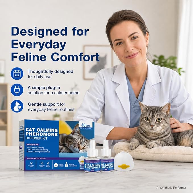 Cat Calming Diffuser Kit, Cat Pheromone Diffuser with 2 Liquid Refills, Plug In Calming Diffuser for Indoor Cats, Helps Create a Comfortable Home Environment for Multi Cat Households, 60 Day Supply
