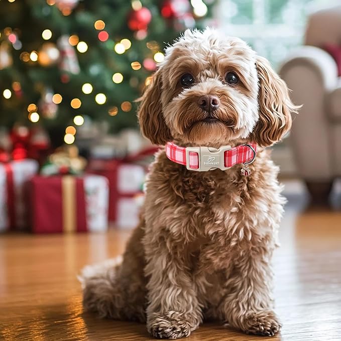 Plaid Dog Collar - Cute Red and Pink Plaid Puppy Collar with Safety Buckle, Soft Adjustable Holiday Dog Collars for Small Medium Large Dogs XL