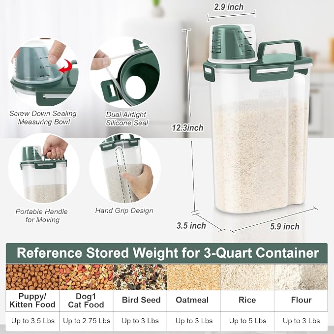 TBMax Rice Storage Container 3 to 5 Lbs - Small Pet Dog Cat Food Container Dispenser with Easy Pouring Spout & Cup, Portable Cereal Container for Small Spaces, Travel, or Daily Use -Dark Green