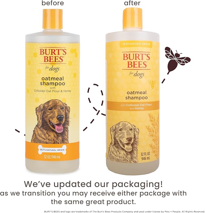 Burts Bees for Pets Oatmeal Dog Shampoo, Honey Scent, 32 Fl Oz, 2-Pack | Colloidal oatmeal and honey, pH-balanced formula, soothing, itchy and sensitive skin