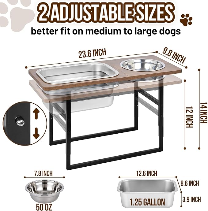 Elevated Dog Bowls for Large and X-Large Breed, 2 Stainless Steel Bowls | 2 Adjustable Heights 14" or 12" Raised Dog Water and Food Bowl with Metal Stand (Upgraded Extra-large Water Bowl)