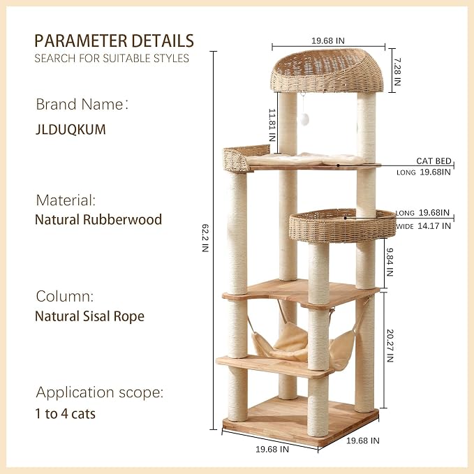 Wooden Cat Tree for Indoor Cats, 62 in Tall Cat Tower | with Scratching Post for Large Cats, Solid Wood Cat Condo, with Handwoven Basket and Hammock, Easy to Clean