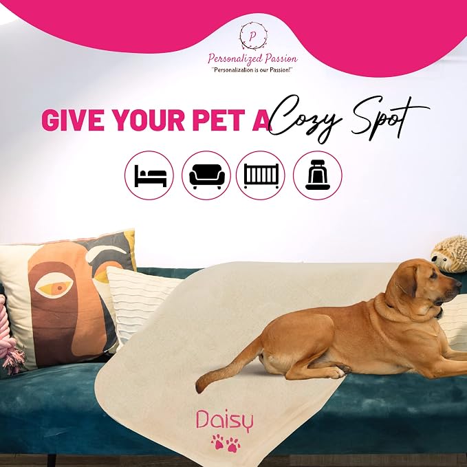 Personalized Passion Dog Blanket with Embroidered Name and Paws - Soft, Comfortable and Cozy for Couch, Bed, Car - Water Resistant Pet Fleece Blanket for Dogs and Cats - Cream - 28x40 Inches