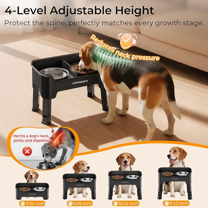 URPOWER Mess Proof Elevated Dog Bowls, High Wall Splash Guard Design, 4 Height Adjustable Raised Bowl Stand with Stainless Steel Bowl & Slow Feeder Bowl, Non-Slip Food Water Set for Small Dogs