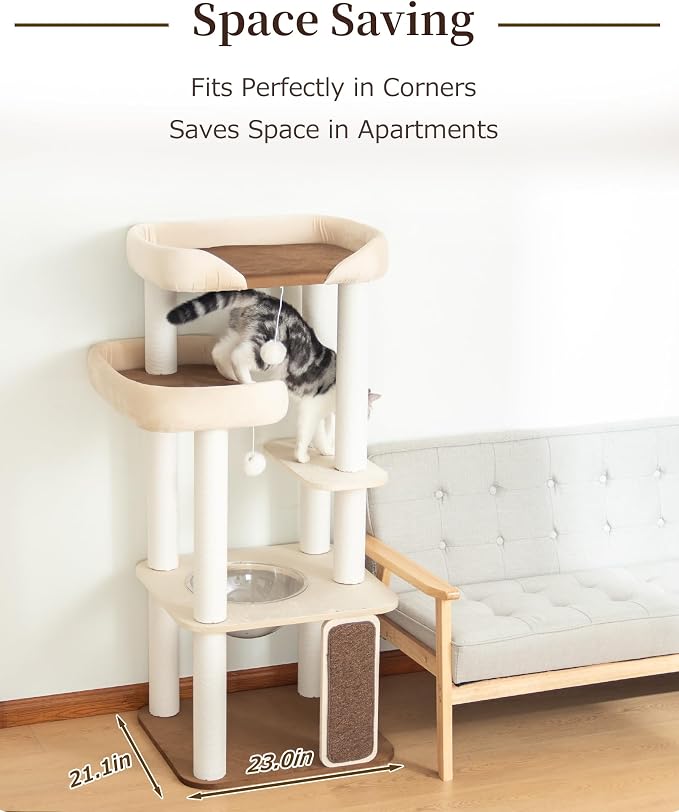 53'' Cat Tree for Large Cat, Modern Senior Friendly Cat Tower with Wide Shelves Low Step, Cotton Scratching Posts, Super Sturdy Base, Cozy Perches, and Interactive Toys (White)