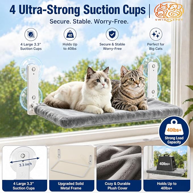 Cordless Cat Window Perch, Foldable Stable Cat Hammock, Breathable for Overlooking, Sunbathing & Climbing, Max Hold Up to 40lb