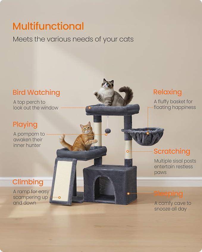 Feandrea Cat Tree, Cat Tower Condo with Scratching Posts and Ramp, 2 Large Perches, Cave, Basket, 33.8 Inches Tall, Dark Gray UPCT013GS02S