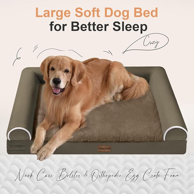 NANUYA Orthopedic Dog Bed for Medium Dogs, 30 x 20 Inch, Brown | Egg crate foam for joint support, 3-sided bolster pet sofa, waterproof lining, washable cover, and non-skid base