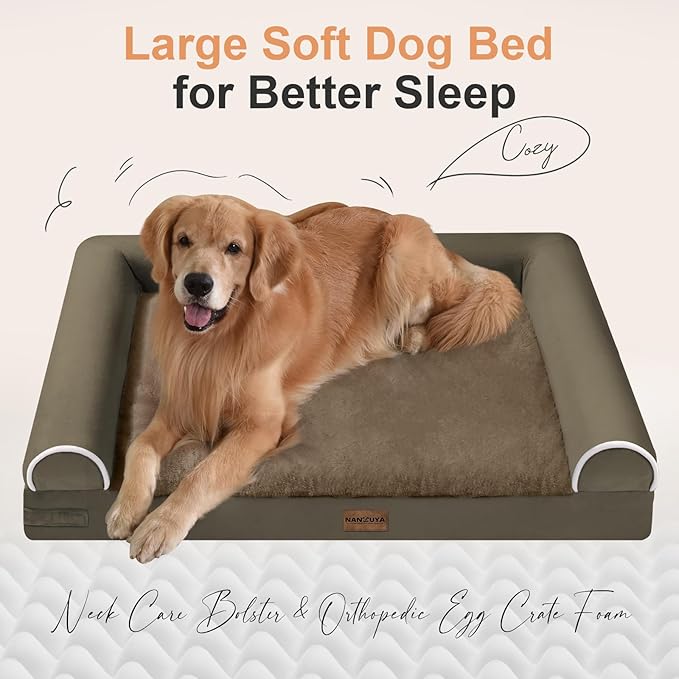 NANUYA Orthopedic Dog Bed for Large Dogs, 36 x 27 Inch, Brown | Egg crate foam for joint support, 3-sided bolster pet sofa, waterproof lining, washable cover, and non-skid base