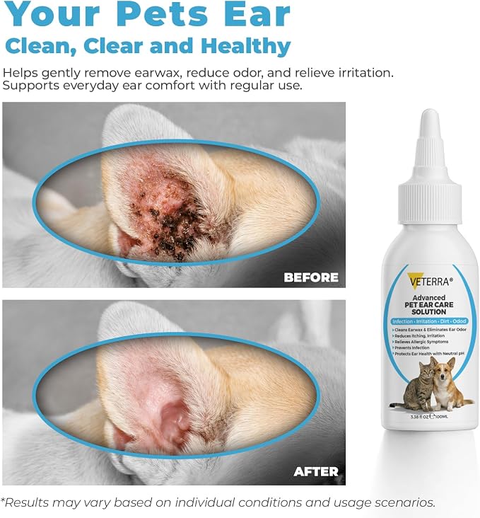 Dog and Cat Ear Cleaning Solution for Dogs & Cats – Vet Recommended Ear Cleaner, Helps Remove Wax & Odor, Supports Healthy Ears, Gentle No-Rinse Formula - 3.38 Oz - 100 Ml