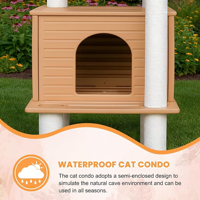 63in Outdoor Large Cat Tower,Weatherproof Multi-Level Design with Cat Condo | Khaki Heavy-Duty Cat Tree with Waterproof PE Panels,Durable Cat Scratching Posts,for Indoor and Outdoor Cat Houses CTT-6