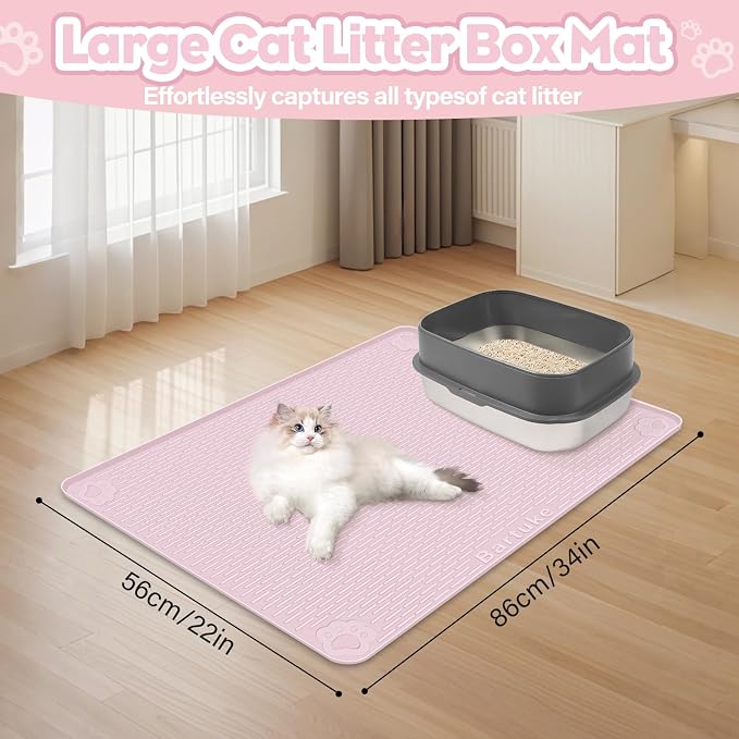 Silicone Cat Litter Mat for Litter Box 34”x22” Large Cat Mat, Pink | Waterproof, Non-Slip, Leak-Proof Rug Mat with Lip, Easy to Clean, Extra Large Litter Catcher Mat for Floor