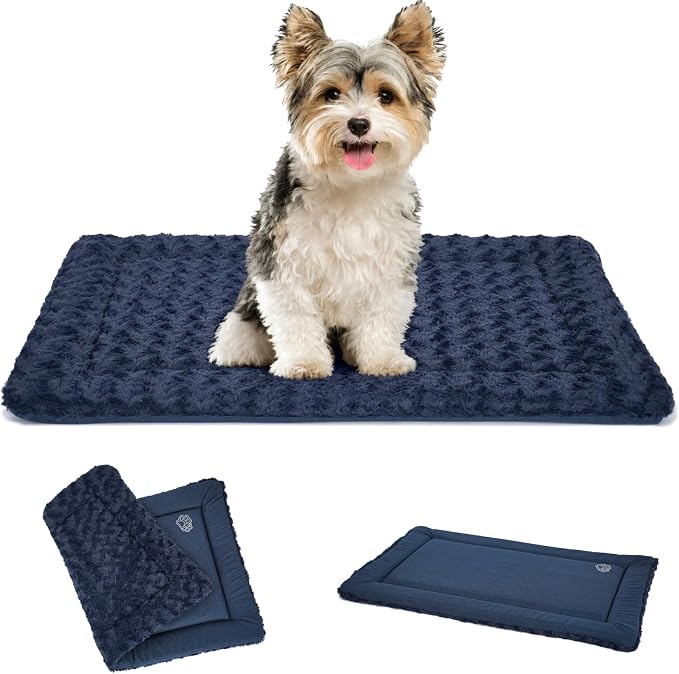 EMPSIGN Dog Crate Pad for 24"x18" Dog Crate, Plush/Canvas Navy | Reversible Kennel Mat (Cool & Warm), Machine Washable, Cozy Plush Sleeping Pad, All-Season Pet Bed