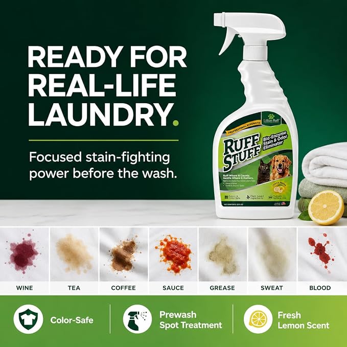 RUFF STUFF Max-Strength Bioenzyme Cleaner, Pet Stain & Odor Eliminator, Laundry Stain Remover Spray for Clothes, Dog Urine Carpet & Upholstery Cleaner, Lemon Scent, 32 Fl Oz