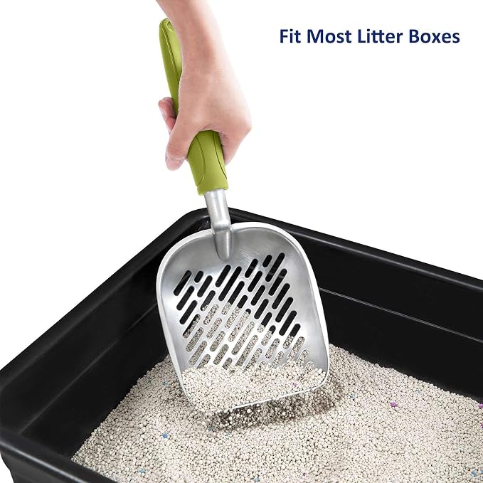 WePet Cat Litter Scoop, Aluminum Alloy Sifter, Kitty Metal Scooper, Deep Shovel with Diagonal Sifting Hole, Long Handle, Kitten Poop Lifter for Litter Box, Large Size, Green Handle