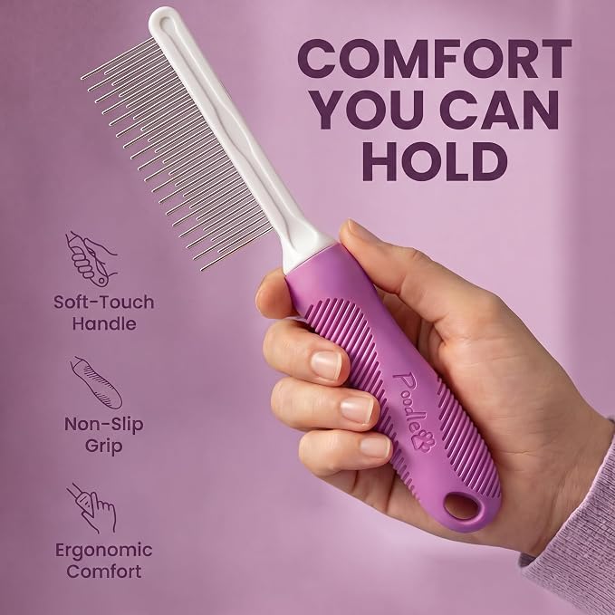 Poodle Pet Detangling Pet Comb with Long & Short Stainless Steel Teeth for Removing Matted Fur, Knots & Tangles – Detangler Tool Accessories for Safe & Gentle DIY Dog & Cat Grooming