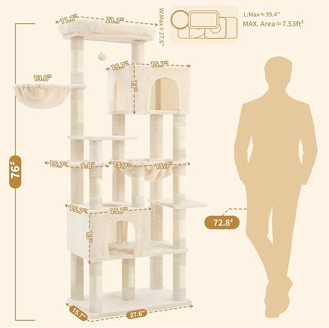 Heybly Cat Tree, 76-Inch Tall Heavy Duty Cat Tower for Big Cats HCT039M | Multi-Level Large Cat Furniture with Extra Wide Baseboard, 2 Condos & 2 Hammocks, 10 Scratching Posts, Beige