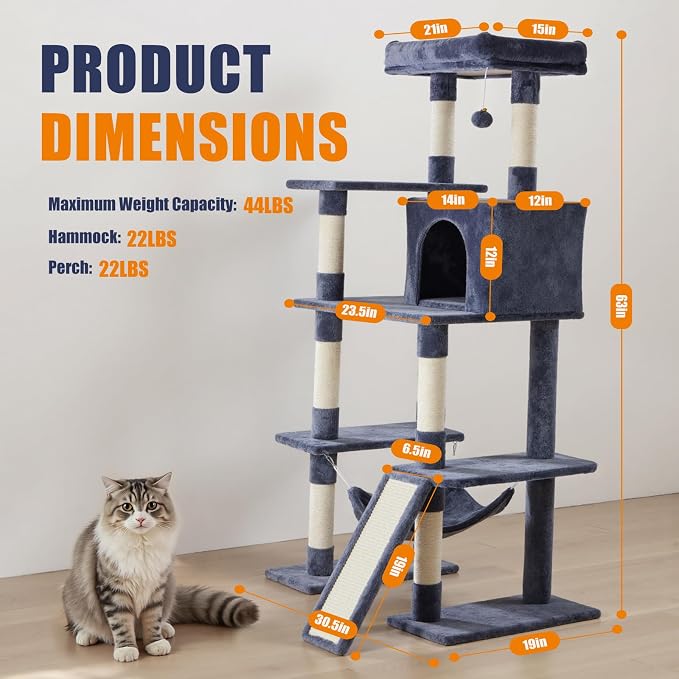 DUMOS Large 63in Cat Tree Tower with Scratching Posts, Indoor Cats Use | Multi Level Cat Climbing Tower with Condo, Extended Platform, Hammock, Pet House for Kittens Play, Dark Grey