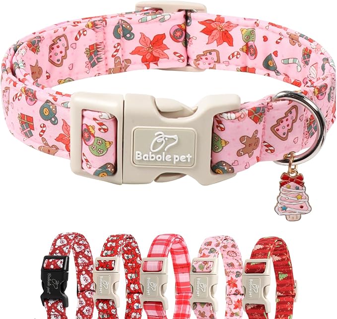 Christmas Dog Collar - Cute Pink Cozy Christmas Puppy Collar with Safety Buckle, Soft Adjustable Holiday Dog Collars for Small Medium Large Dogs XS