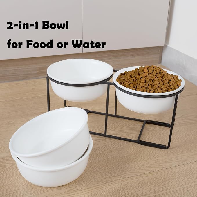 Ceramic Elevated Dog Bowl Set - Raised Food and Water Bowls with Metal Stand - Double Pet Dishes for Small and Medium Dogs - 3 Cups - 24.3 fl oz - Matte White
