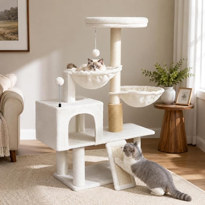 Smouatou Cat Tree with Cat Condo and Two Hammocks, Cat Tower with Scratching Posts and Scratching Pads Cat Toys, Beige
