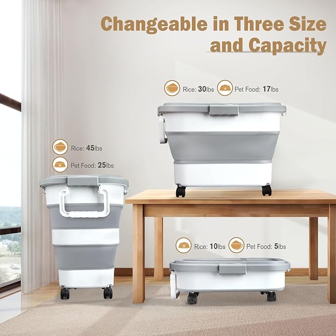 Rice Storage Container, Collapsible Airtight Food Storage Containers 20-30 Lbs, Rice Dispenser Bin with Cup and Scoop for Flour Cereal Pasta Grain, Cat Bird Pet Dog Food Storage Container