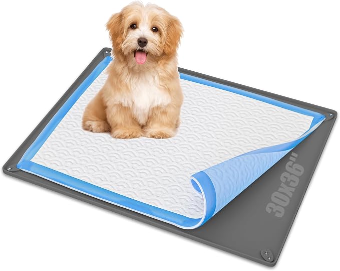 TidyFriend 2 Pk Dog Pee Pad Holder Tray Fits for 30” x 36” Pee Pads with Corner Lock Holes, Raised Edges, Non-Spill, Easy to Clean Silicone Dog Potty Tray Holder, for Indoor Floor Protection (Grey)