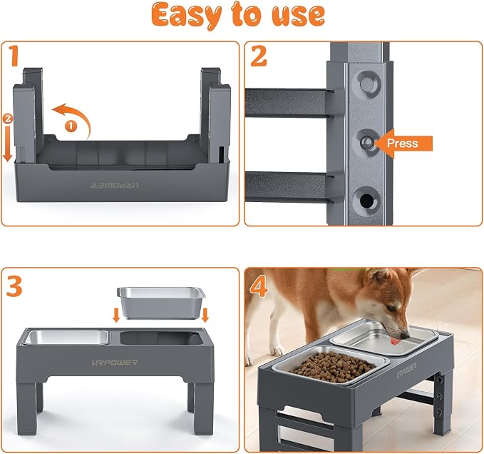 URPOWER Raised Dog Bowls 4 Height Adjustable Elevated Bowl Stand | Stainless Steel Water Bowl Non-Slip Dog Food Bowls Stand for Small Medium Large Dogs and Pets