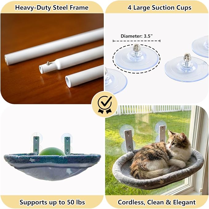 Cat Window Perch Hammock - Glow in the Dark Cordless Foldable Pet Bed with Sturdy Metal Frame & Strong Suction Cups, Star Print Resting Seat for Indoor Cats with Removable Washable Cover