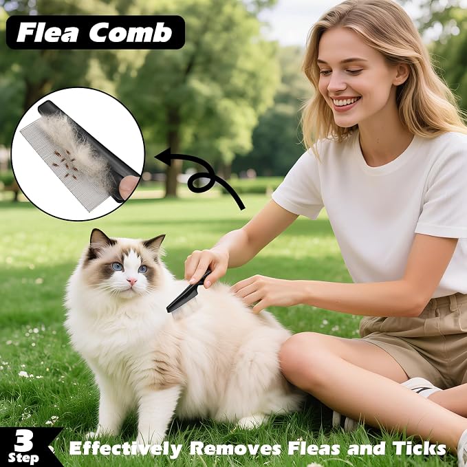 Professional 3PCS Self Cleaning Slicker Brush & Pet Grooming Rake & Flea Comb for Dogs,Cats and Horses | Double-Sided Dematting Comb & Skin Friendly Deshedding Grooming Tool (Light Pink)