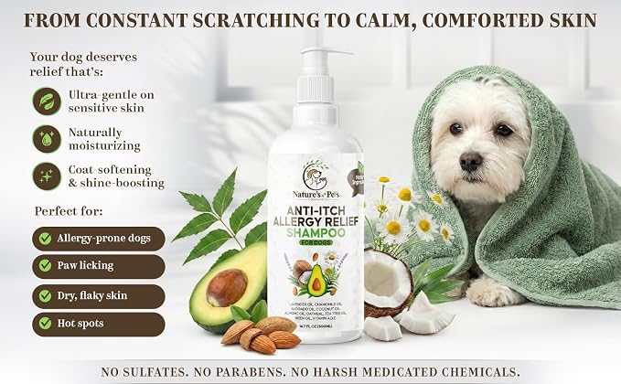 Anti-Itch Dog Shampoo for Allergies & Sensitive Skin – Oatmeal, Avocado, Almond, Neem & Chamomile Oil – Allergies, hot Spots & Paw Licking Relief – Moisturizing Skin – Safe for Frequent use – 16.7 oz