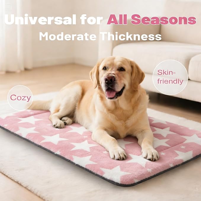 Dog Bed Mat, Reversible Crate Pad & Durable Dog Bed - Machine Washable Kennel Mat with Ultra Soft for Large Dogs (Big&Small Stars Pink, 35" L*23" W*1.5" Th)