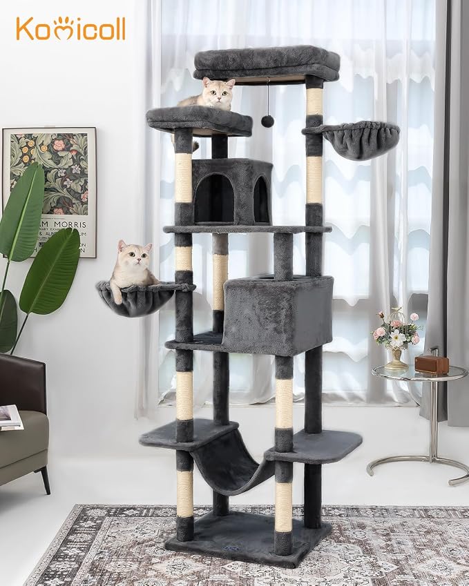 Cat Tree, 81-Inch Tall Cat Tower with Scratching Post, Plush Multi-Level Cat Condo with 2 Perches, 2 Caves, 2 Basket, Hammock for Indoor Cats Grey
