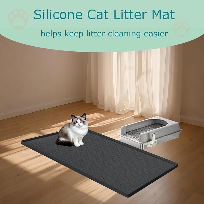Cat Litter Mat for Litter Box, Silicone Large Cat Litter Trapping Mat - 37x22 in, Waterproof & Non-Slip, Durable & Easy Clean, Black