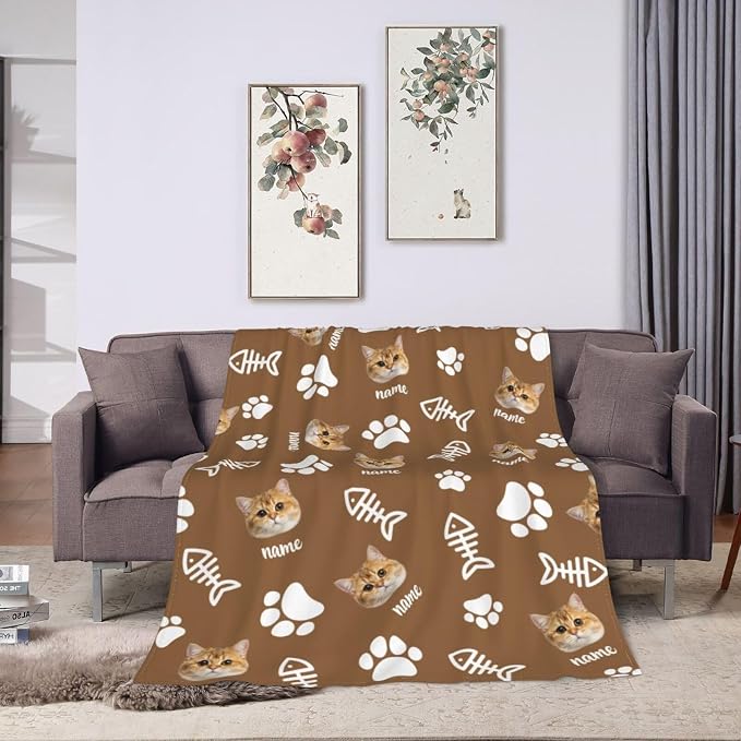 Nxwdwqa Personalized Cat Face Blanket Throws with Photos, Custom Pet Face Blanket, Cat Gifts for Pet Lovers, Customized Puppy Blanket for Adult Kid Birthday Christmas Fathers Mothers Valentines Gift