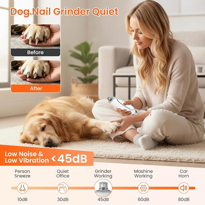 2-in-1 Dog & Cat Nail Clippers and Grinder with 2 Light, Quiet Electric Pet Nail Trimmers for Small Medium Large Dogs & Cats Claw, Safety Guard Usb Rechargeable, Professional Grooming Tool