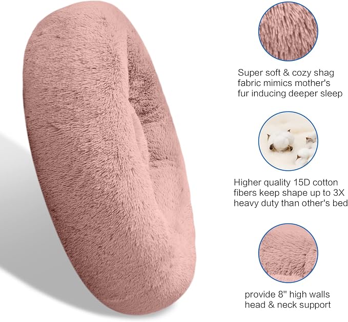 SAVFOX 20 inches Calming Donut Dog Bed - 3X Durable Plush Faux Fur, Machine Washable & Non-Slip, Fits up to 15 lbs, Pink