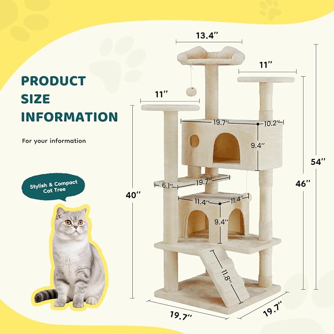 54 Inch Cat Tree Tower with Sisal Scratching Post | Multi-Level Cat Climbing Tower with Hammock, Pet Condo for Indoor Cats and Kittens, Beige