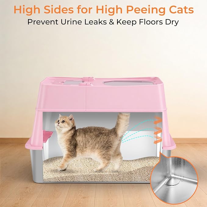 URPOWER Stainless Steel Cat Litter Box with 110° Flip-Top Lid, XL Enclosed Metal Litter Box for Large Cats, Odor Control, Anti-Urine Leakage, Non-Stick Pan, Front Entry Top Exit, Scoop & Mat Included