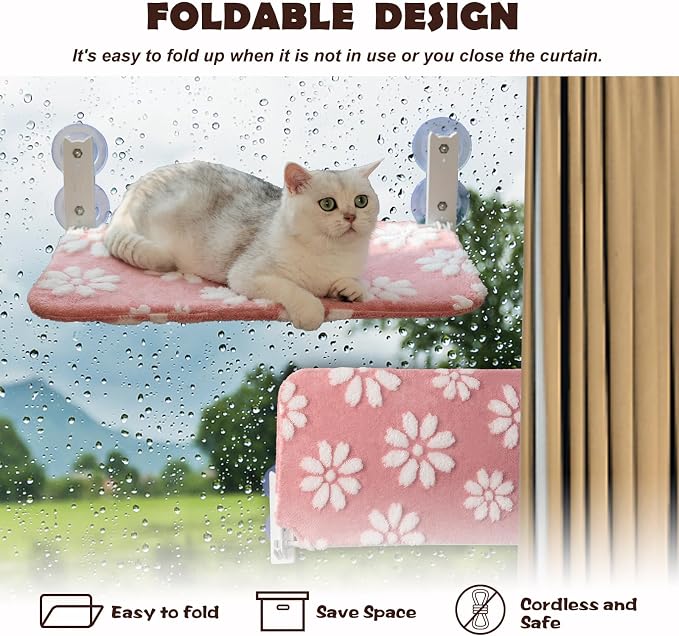 Cute Cat Window Perch, Foldable Cat Window Hammock, Pink | Cordless Window Seat Bed for Indoor Cats, 3D Textured Flower Cover, Strong Suction Cups