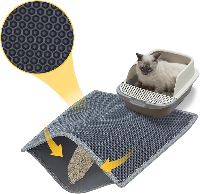 Cat Litter Mat, Litter Box Mat, Large Double Layer Waterproof Proof Trapping mat, Non-Slip Design, Kitty Litter Rug, Cat Supplies, Easy to Clean, 24x15 Inch, Grey, Pack of 1