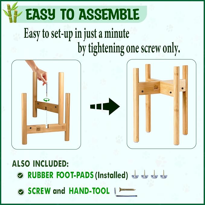 Dog Bowl Stand for Large Dogs - Adjustable, Easy Fold-Down | Use to Elevate Raise Dog Food, Water and Slow Feeder Bowls, Lock-Bolts and Tool Added, Foot-Padded, Bamboo Stand Only