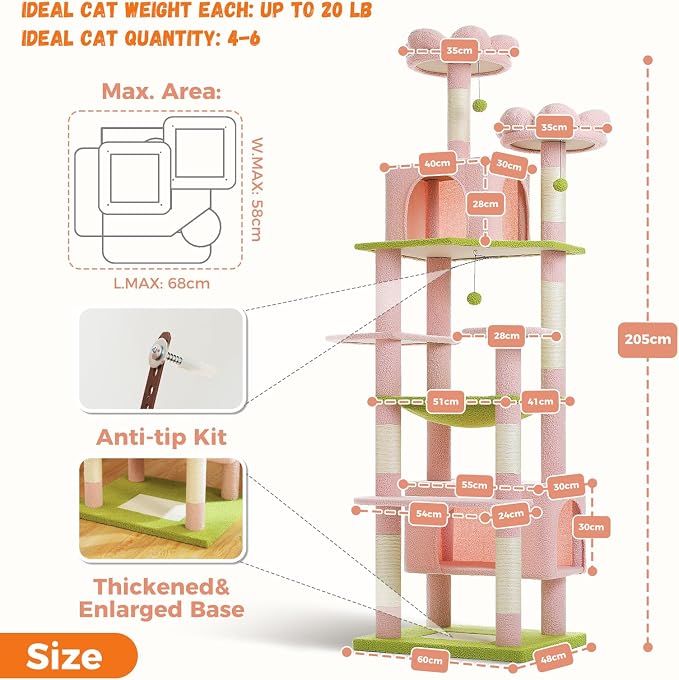 PAWZ Road 81" Flower Cat Tree Large Condo Hammock &2 Perches for Adult Cats | flower shape pink&green, 20"×16" hammock for maine cats, cute cat tower large condos,7 scratch posts & bottom scratcher